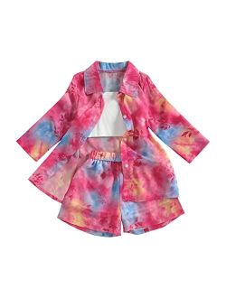 Maemukilabe Smocked Toddler Baby Girl Clothes Tie-dye Button Chiffon Shirt Crop Tops Shorts Set Kids Girls Outfits 3T-7T