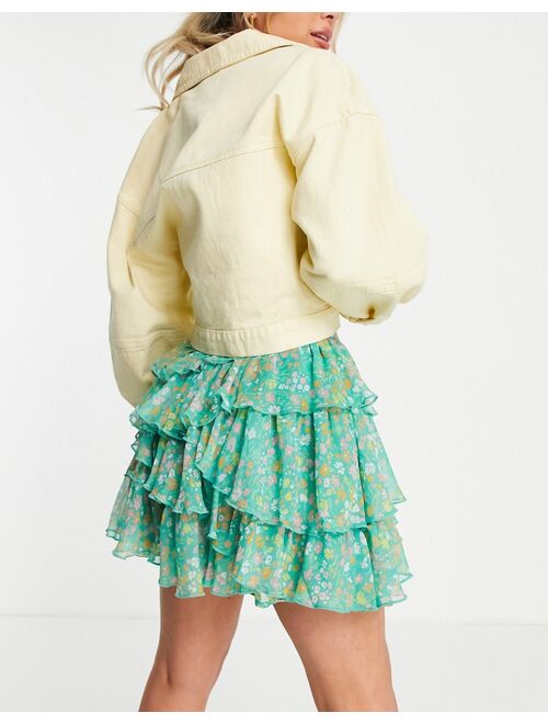 Miss Selfridge chiffon rara mini skirt in green ditsy
