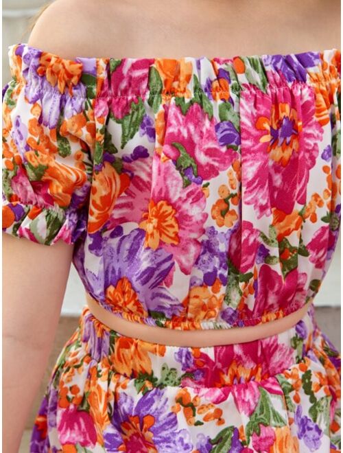 SHEIN Girls Floral Print Off Shoulder Top & Ruffle Hem Skirt