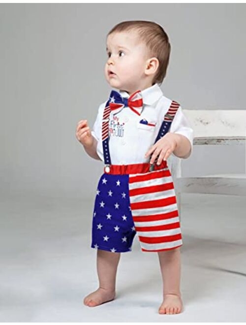 Aulyffo My First 4th of July Baby Boy Outfit,American Flag Romper + Star Stripe Short Pant + Bow Tie 3Pcs Summer Baby Clothes
