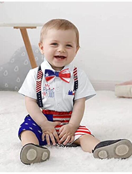 Aulyffo My First 4th of July Baby Boy Outfit,American Flag Romper + Star Stripe Short Pant + Bow Tie 3Pcs Summer Baby Clothes