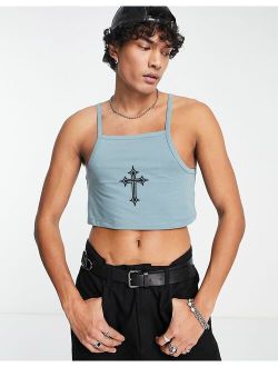 cropped muscle strappy tank top in blue with chest embroidery