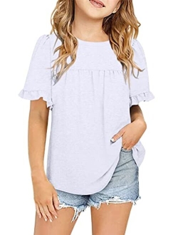 Ebifin Girls Short Sleeve Tops Casual Crewneck T Shirts Kids Peplum Babydoll Tunic Tees Blouses Size 4-15 Years