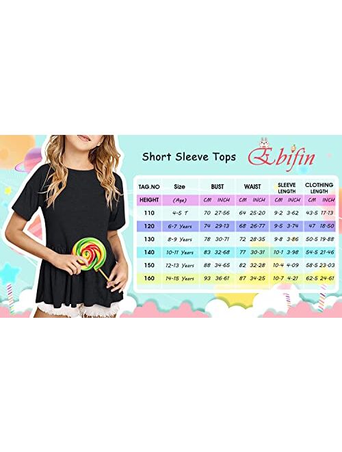 Ebifin Girls Short Sleeve Tops Casual Crewneck T Shirts Kids Peplum Babydoll Tunic Tees Blouses Size 4-15 Years