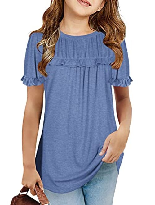 Haloumoning Girls Cute Short Sleeve Tunic Tops Casual Loose Ruffle T Shirts Kids Summer Soft Blouses Size 4-15 Years