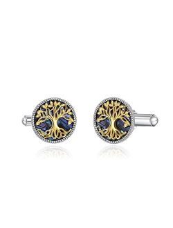 YAFEINI Tuxedo Cufflinks for Men Sterling Silver Tree of Life Men's Round Cuff Links with Abalone Shell Family Tree Business Wedding Groomsmen Gifts Suit Shirt Accessorie