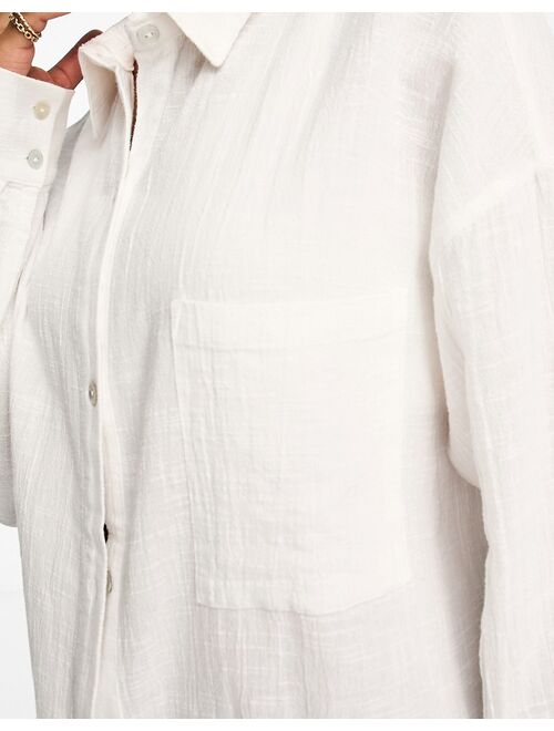 Pull&Bear long sleeve linen shirt in white