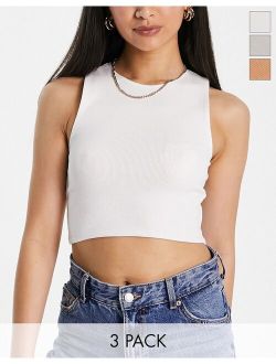3 pack ribbed racer neck cropped top in gray, tan & white