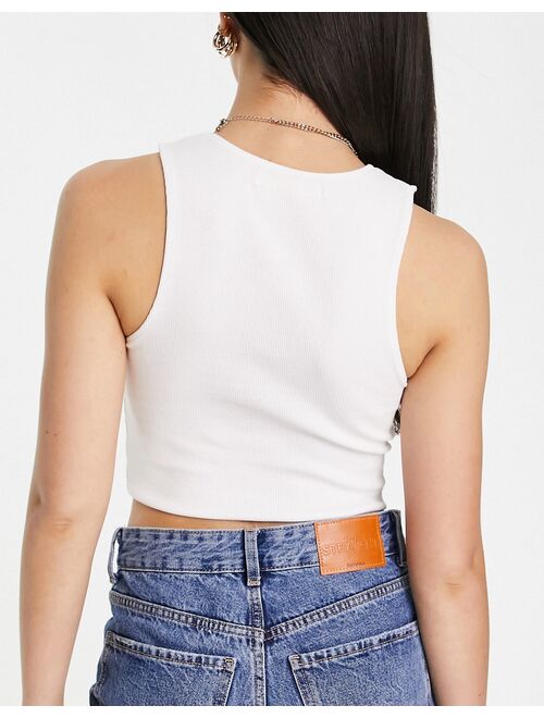 Pull&Bear 3 pack ribbed racer neck cropped top in gray, tan & white