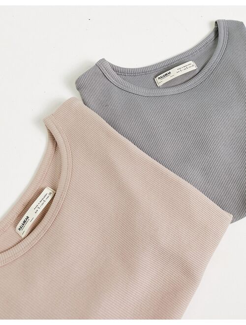 Pull&Bear 2 pack ribbed baby tee in beige & charcoal