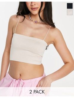 2 pack strappy ribbed tube crop top in black & nude