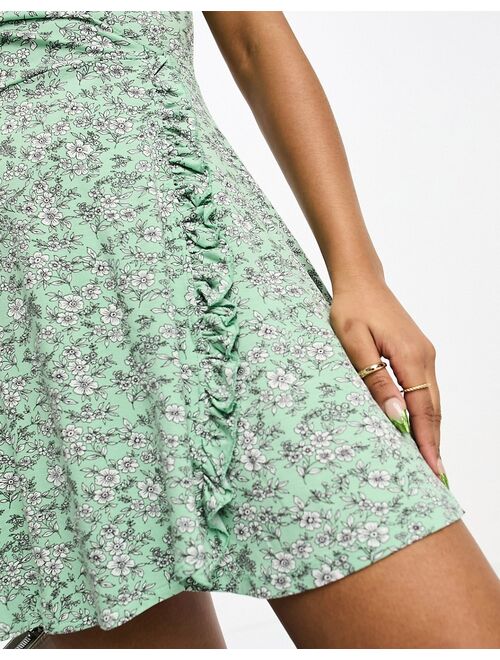 Pull&Bear wrap mini dress in green ditsy floral