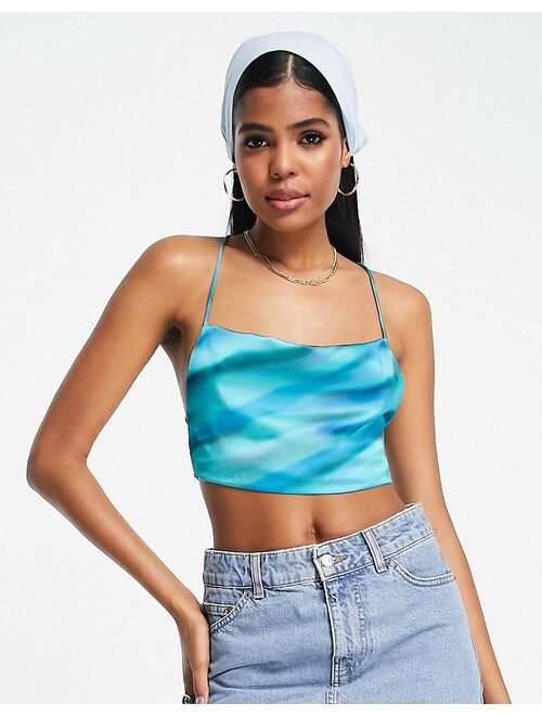 Pull&Bear satin cropped open back top in turquoise print