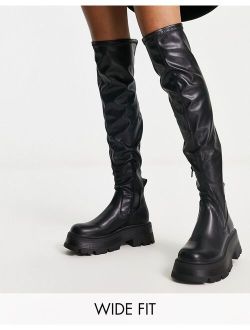 wide fit thigh high chunky wellie boot in black