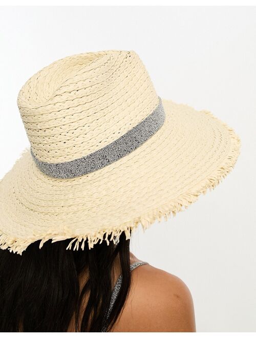 South Beach fedora hat with frayed edges and metallic band in beige