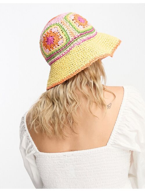 ASOS DESIGN straw crochet bucket hat with floral design