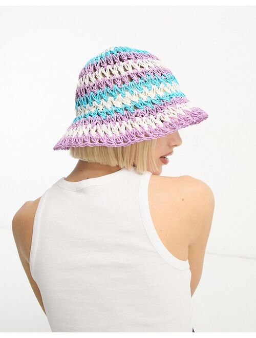 ASOS DESIGN straw crochet bucket hat with stripes in purple