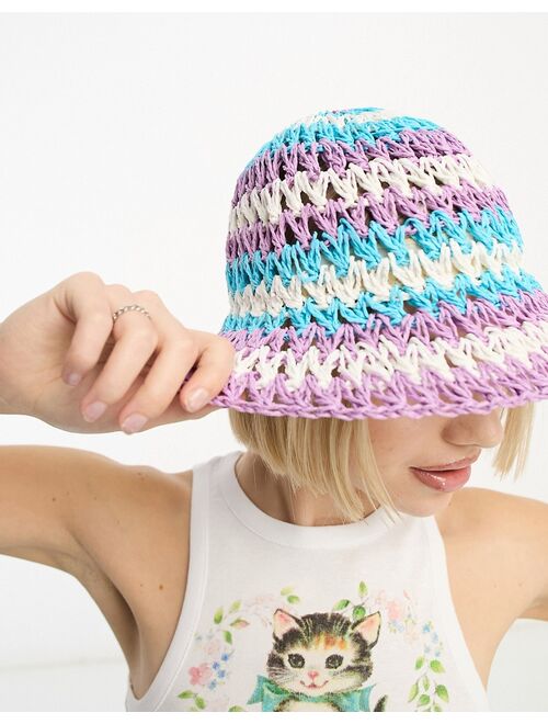 ASOS DESIGN straw crochet bucket hat with stripes in purple