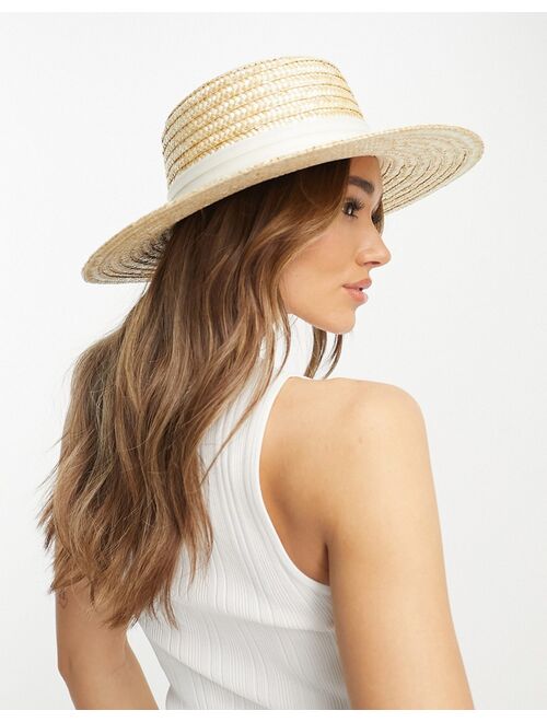 ASOS DESIGN natural straw easy boater hat with size adjuster and white band