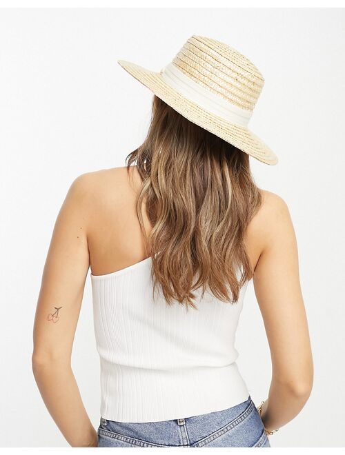 ASOS DESIGN natural straw easy boater hat with size adjuster and white band