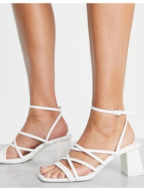 Pull&Bear wide fit strappy mid block heeled sandals in white