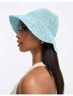 packable straw crochet bucket hat in blue