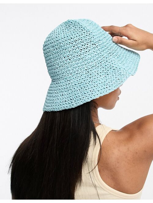 ASOS DESIGN packable straw crochet bucket hat in blue