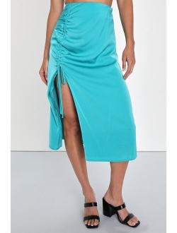 Current Attitude Teal Blue Satin Ruched Drawstring Midi Skirt
