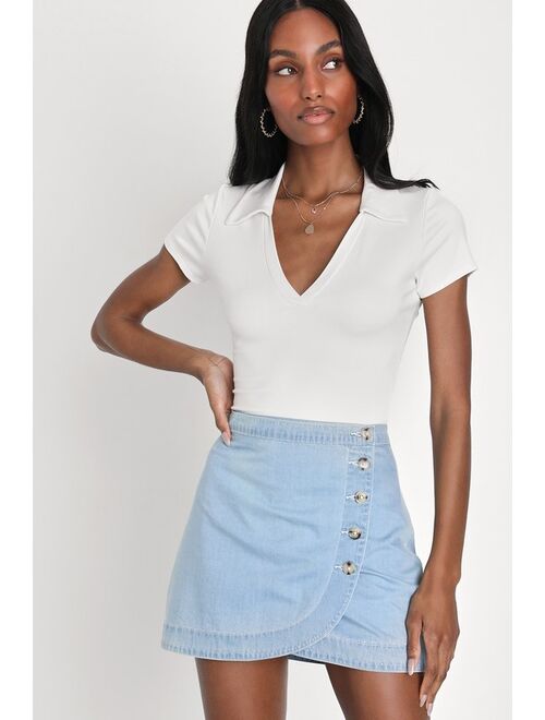 Lulus Cutest Simplicity Light Wash Denim Wrap Mini Skirt