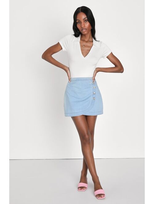 Lulus Cutest Simplicity Light Wash Denim Wrap Mini Skirt
