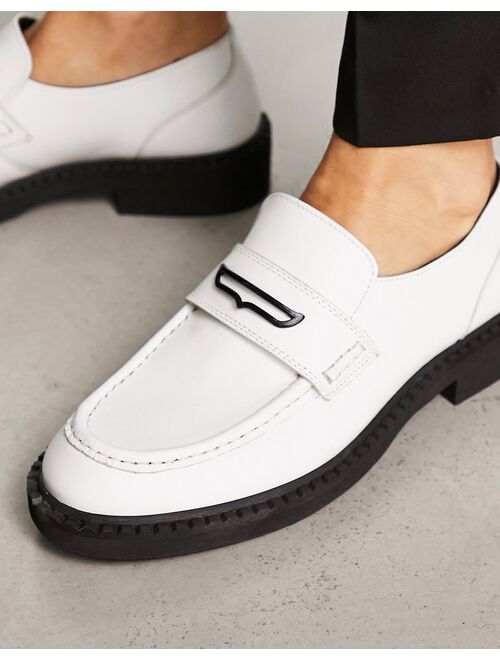 ASOS DESIGN chunky loafers in white leather with black hardware and contrast sole