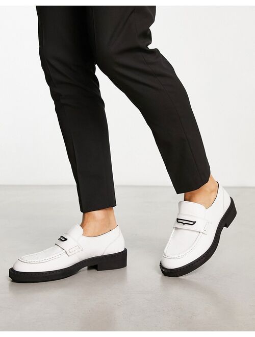 ASOS DESIGN chunky loafers in white leather with black hardware and contrast sole