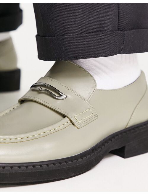 ASOS DESIGN chunky loafers in sage leather with black contrast sole