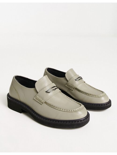 ASOS DESIGN chunky loafers in sage leather with black contrast sole