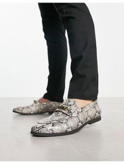 loafers with snaffle detail in snake print faux leather