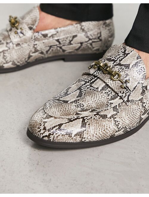 ASOS DESIGN loafers with snaffle detail in snake print faux leather