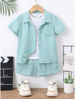 Toddler Boys Solid Button Front Shirt & Shorts & Tee