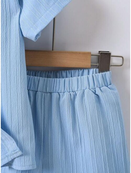 Shein Toddler Boys Solid Button Front Shirt & Shorts Without Tee