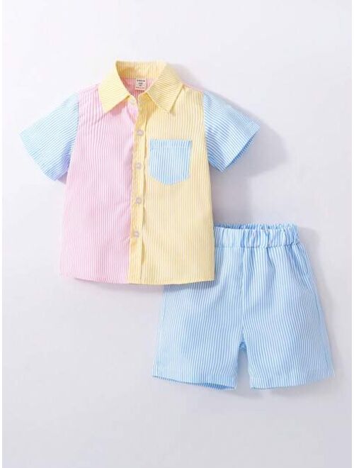 Shein Toddler Boys Striped Print Colorblock Shirt & Shorts