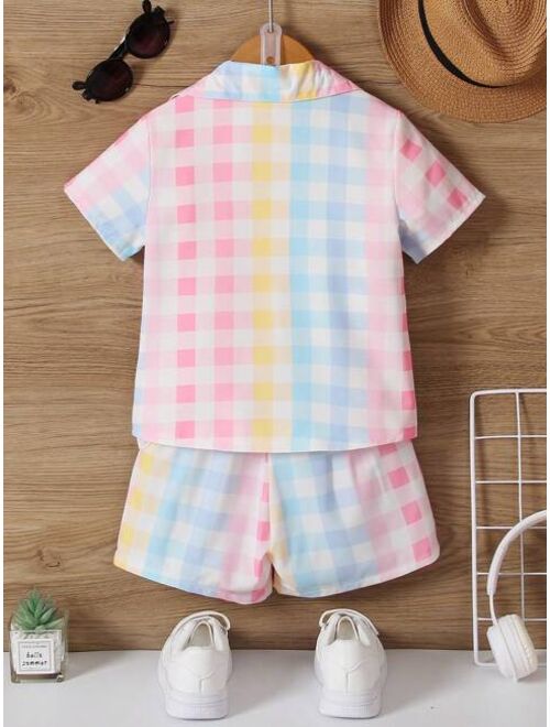 Shein Toddler Boys Gingham Print Shirt & Shorts Without Tee