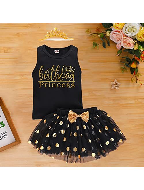 LYSMuch Toddler Baby Girls Birthday Outfits Princess Short Sleeve Shirt Vest Mesh Bubble Tutu Skirt Set with Crown