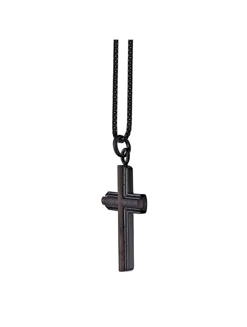 Men's LYNX Black Ion Plated Stainless Steel & Ebony Wood Cross Pendant Necklace