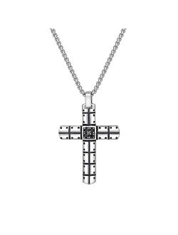 Stainless Steel Cross Pendant Cubic Zirconia Black Ion-Plated 24" Men's Necklace