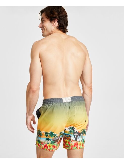 GUESS Men's Hawaii Tropical Print Drawstring Swim Trunks