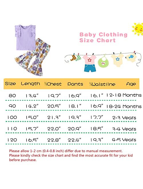 AIKEIDY Toddler Baby Girl Clothes Summer Outfits Ruffles Sleeveless Tank Top Floral Flare Pants Set Cute Bell Bottoms 2 Piece