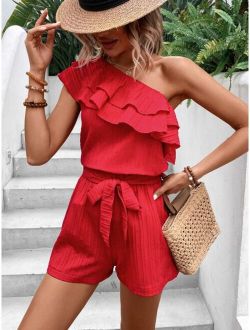 One Shoulder Ruffle Trim Top & Belted Shorts