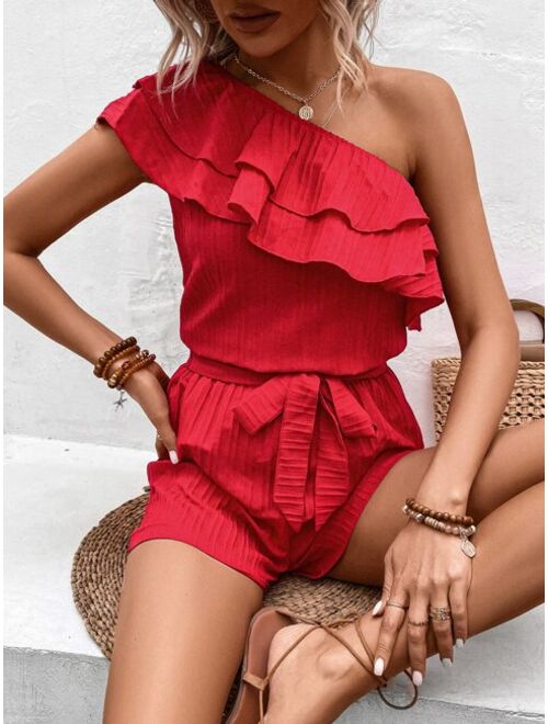 EMERY ROSE One Shoulder Ruffle Trim Top & Belted Shorts