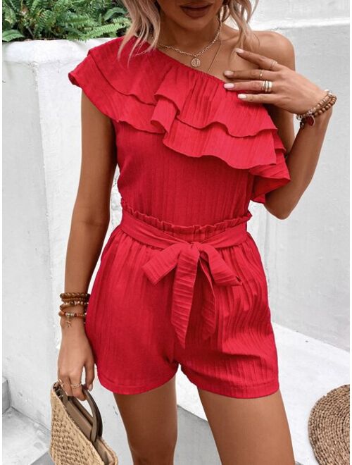 EMERY ROSE One Shoulder Ruffle Trim Top & Belted Shorts