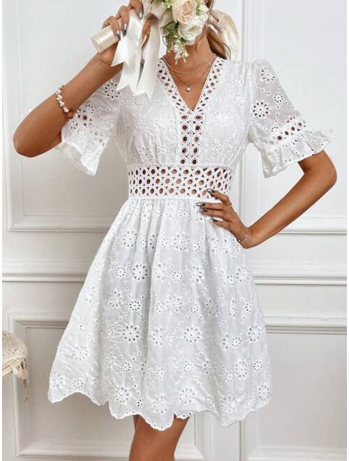 SHEIN Frenchy Eyelet Embroidery Flounce Sleeve Scallop Trim Dress