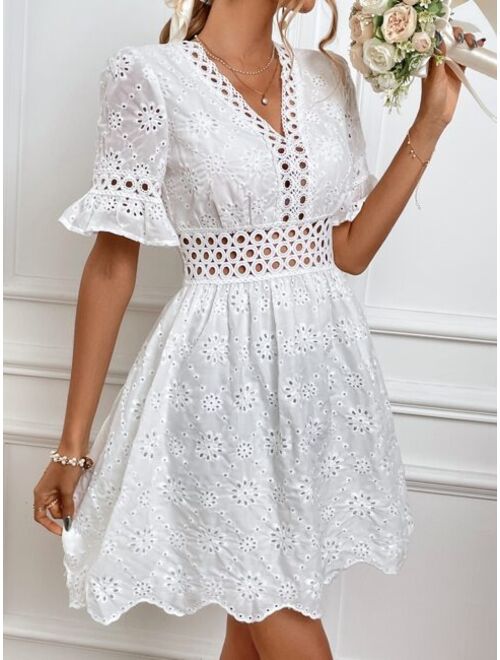 SHEIN Frenchy Eyelet Embroidery Flounce Sleeve Scallop Trim Dress